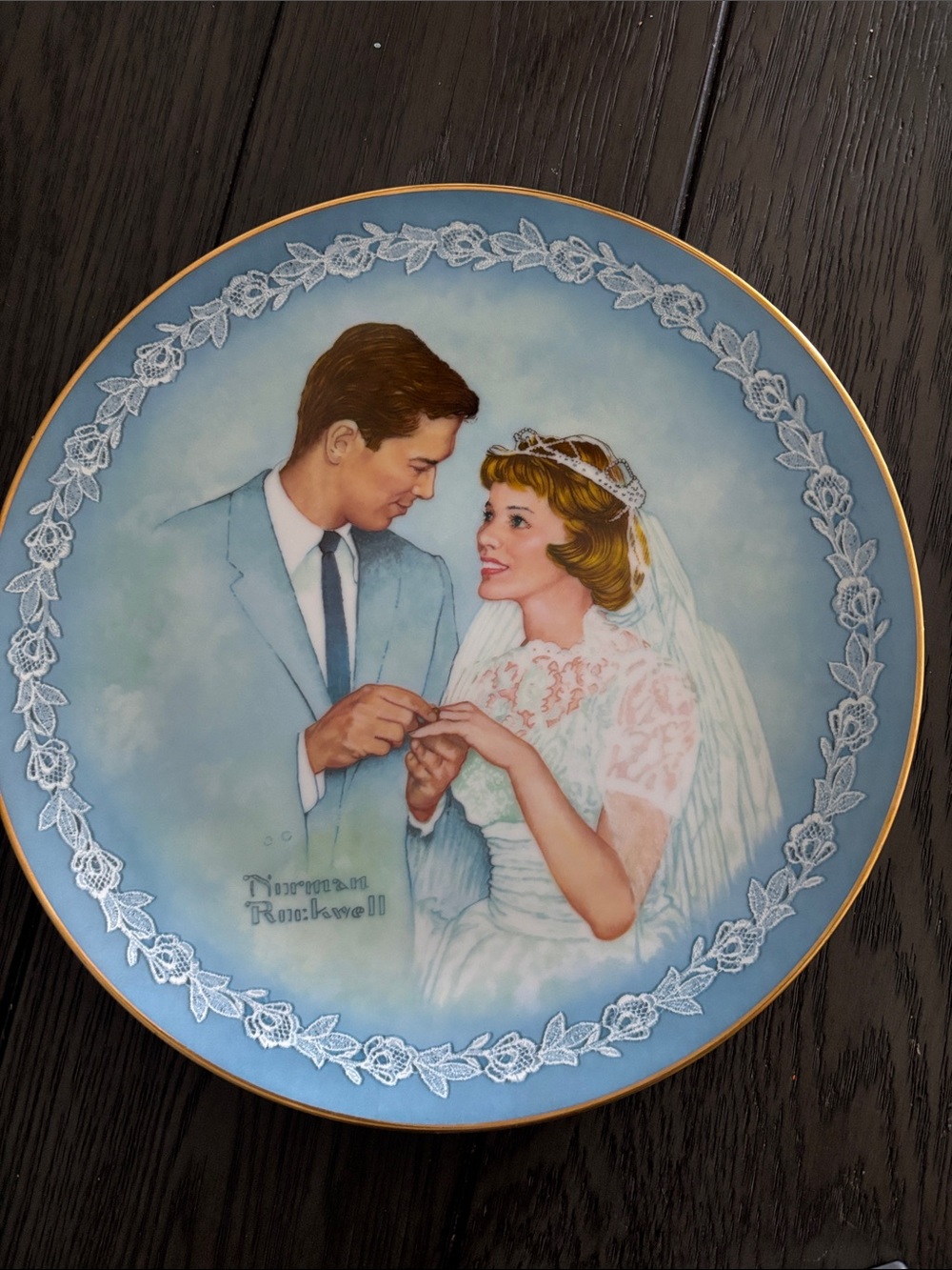Norman Rockwell Blue and White Bridal Couple Decorative Plate
